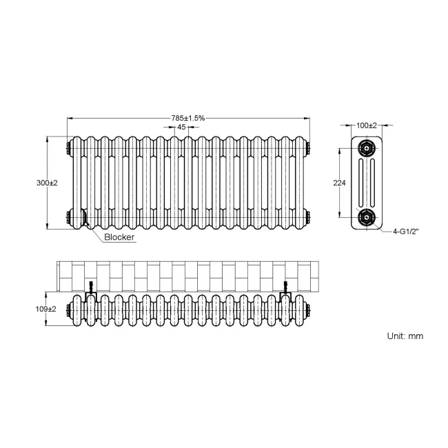 Athens White Triple Column Horizontal Traditional Radiator 300x785mm