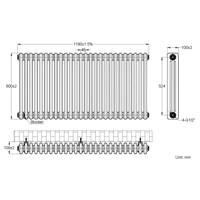 Athens Matt Black Triple Column Horizontal Traditional Radiator 600x1190mm
