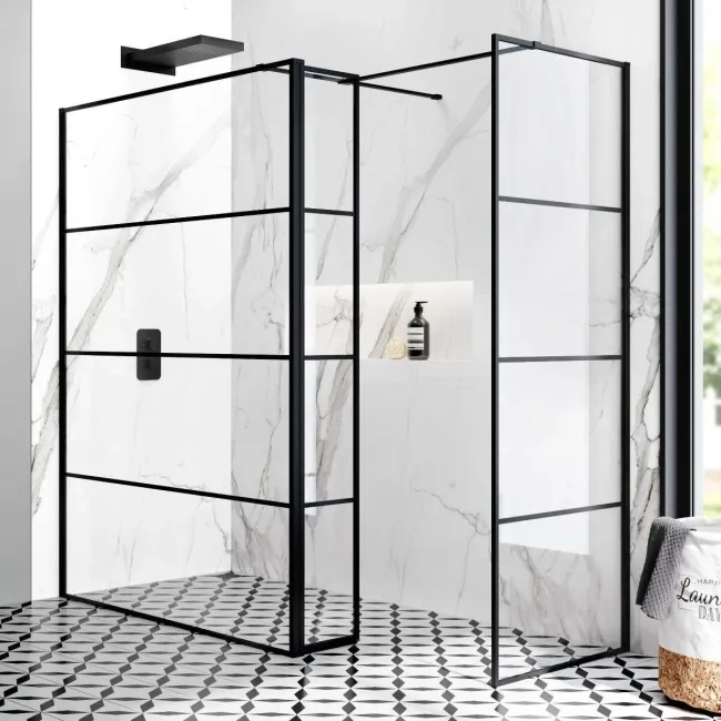 Munich Matt Black Grid 8mm Walk In Shower Enclosure 1400mm & 700mm Glass with Pivotal Return Panel