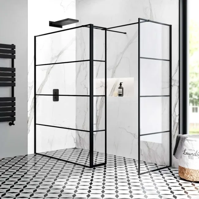 Munich Matt Black Grid 8mm Walk In Shower Enclosure 1400mm & 700mm Glass with Pivotal Return Panel