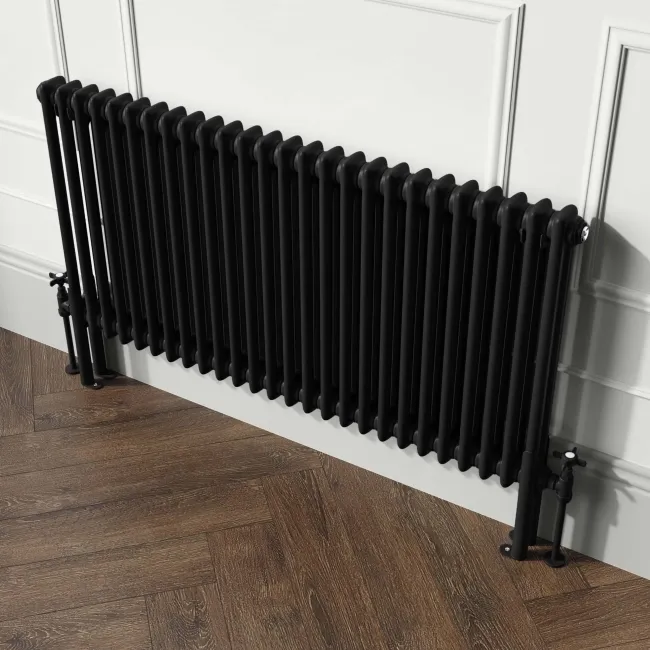 Athens Matt Black Double Column Horizontal Traditional Radiator 600x1190mm