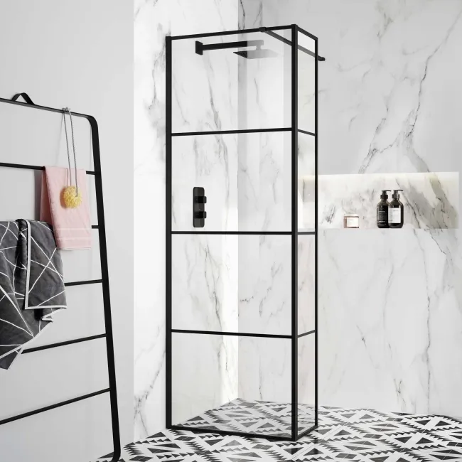 Munich Matt Black Grid 8mm Wet Room Shower Glass 700mm & 250mm Return Panel