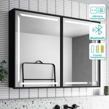 Mia Black Framed Illuminated LED Mirror Cabinet With BLUETOOTH Speaker & USB Port 710x1000mm