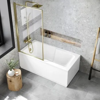 Dover 1600x750 Keyhole Shower Bath & 6mm Easy Clean Brushed Brass Framed Bath Screen