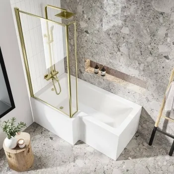 L Shaped 1600 Shower Bath & 6mm Easy Clean Brushed Brass Bath Screen - Left Handed