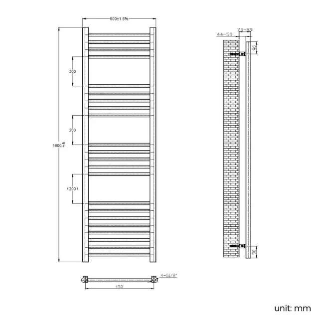 Barcelona Brushed Brass Straight Heated Towel Rail 1600x500mm