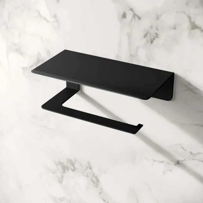 Remi Easy Fix Matt Black Toilet Roll Holder with Shelf