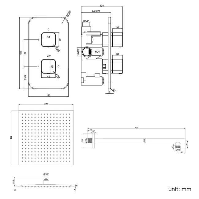 Galway Premium Matt Black Square Thermostatic Shower Set - 300mm Head