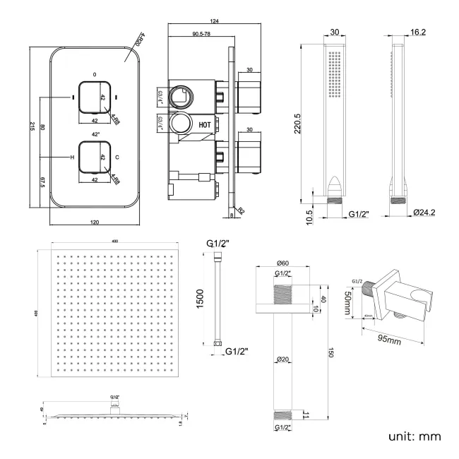 Galway Premium Ceiling Matt Black Square Thermostatic Shower Set - 400mm Head & Hand Shower