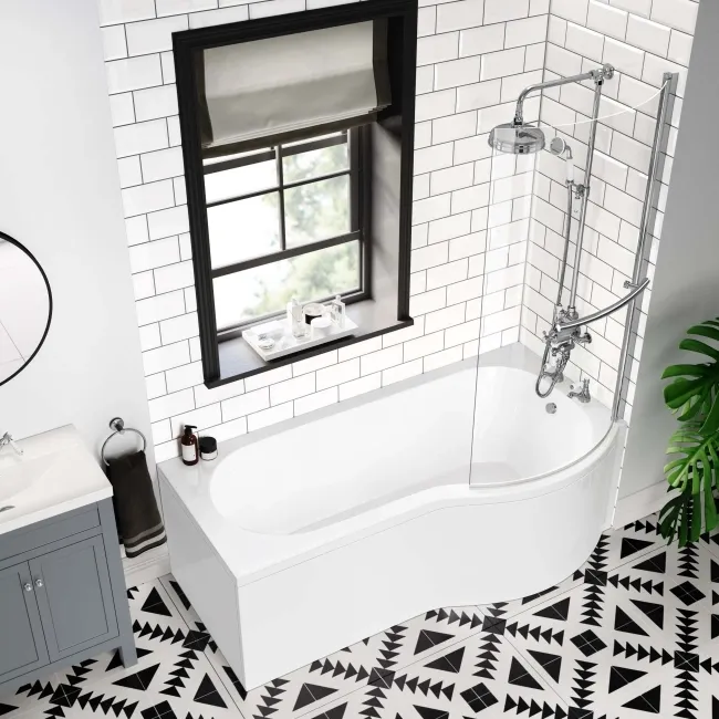 P Shaped 1700 Shower Bath with Front Panel & 6mm Easy Clean Screen with Rail - Right Handed