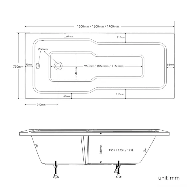 Dover 1600x750 Keyhole Single Ended Bath