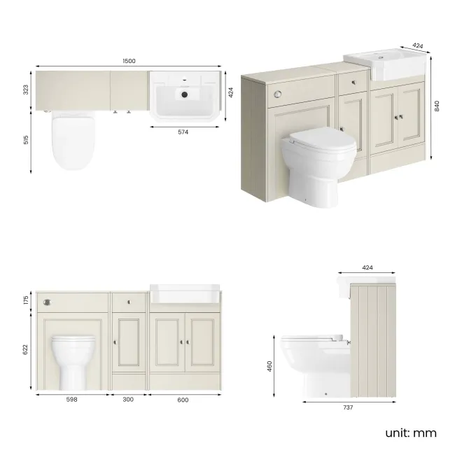 Monaco Chalk White Combination Vanity Traditional Basin and Seattle Toilet 1500mm