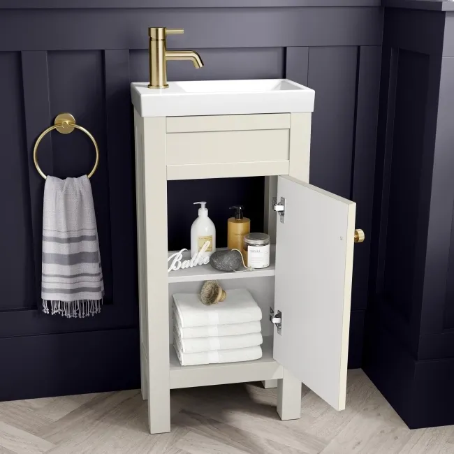 Bermuda Chalk White Cloakroom Basin Vanity 400mm - Brushed Brass Accents
