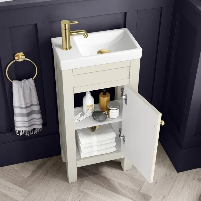 Bermuda Chalk White Cloakroom Basin Vanity 400mm - Brushed Brass Accents