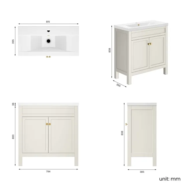 Bermuda Chalk White Basin Vanity 800mm - Brushed Brass Accents
