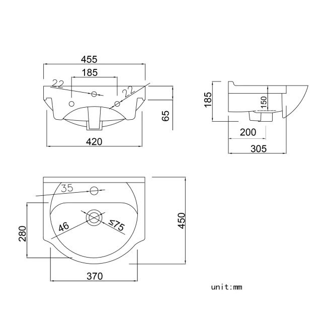 Quartz Stone Grey Cloakroom Vanity with Semi Recessed Basin 450mm - Black Accents