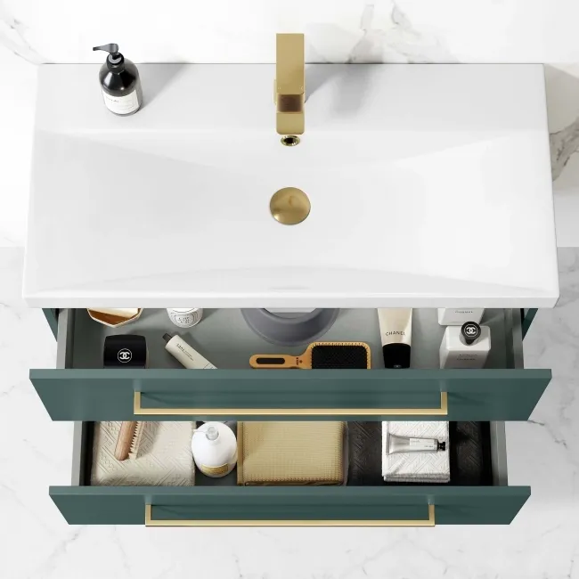 Elba Midnight Green Wall Hung Basin Drawer Vanity 800mm - Brushed Brass Accents