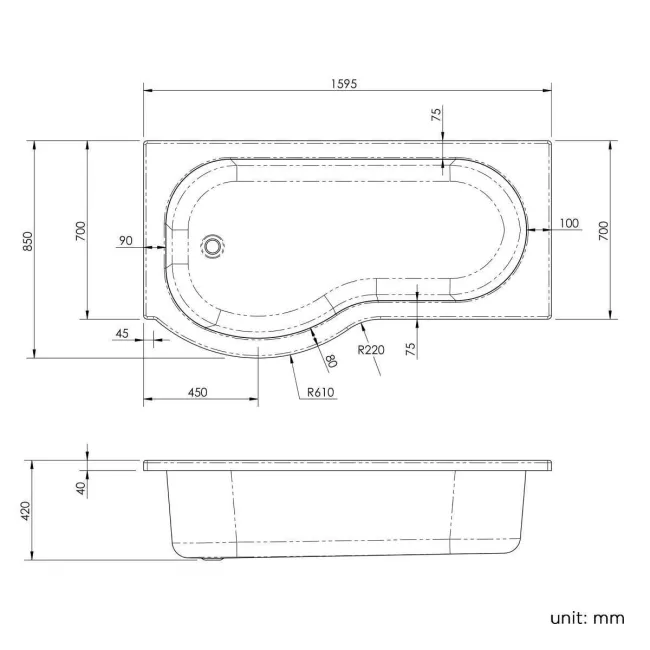P Shaped 1600 Shower Bath with Front Panel & 6mm Easy Clean Screen with Rail - Left Handed