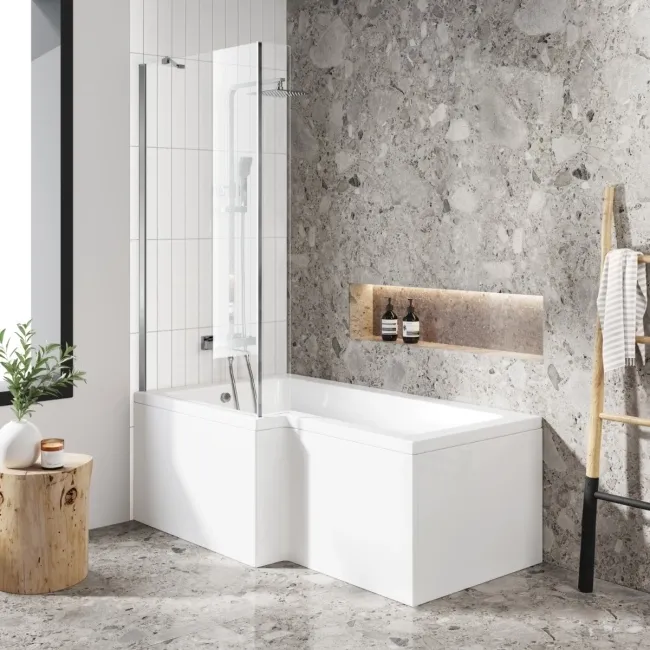 L Shaped 1600 Shower Bath with Front Panel & 4mm Fixed Screen - Left Handed