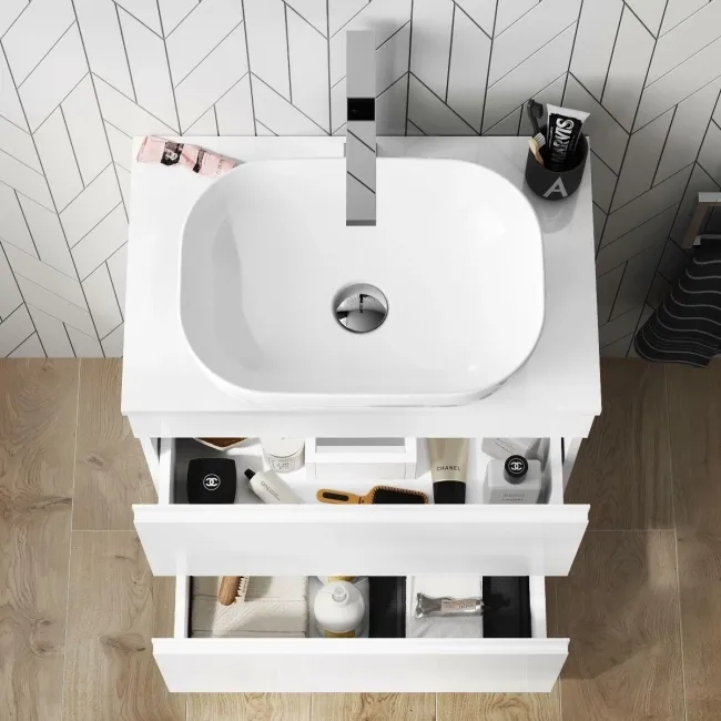 Trent Gloss White Vanity Drawer with Curved Counter Top Basin 600mm