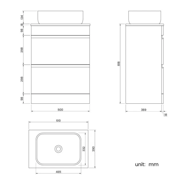 Trent Gloss White Vanity Drawer with Curved Counter Top Basin 600mm