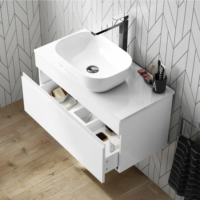 Trent Gloss White Wall Hung Drawer Vanity with Curved Counter Top Basin 800mm