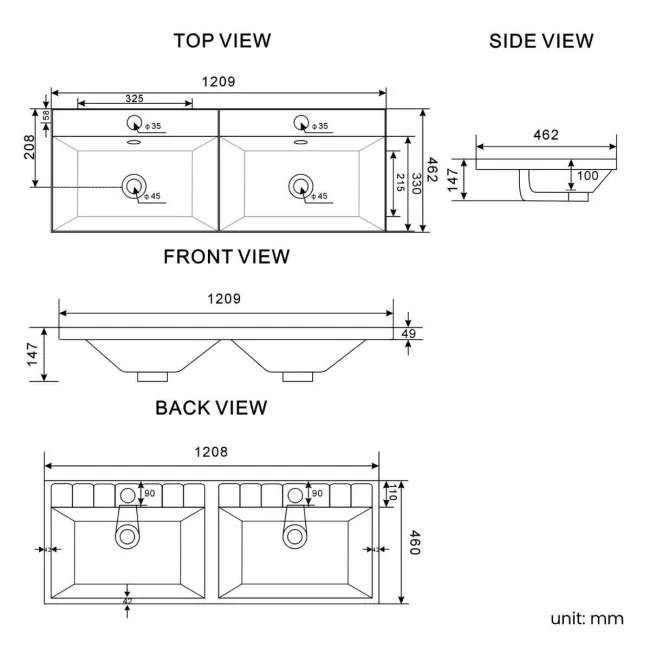 Crete Fluted Navy Blue Wall Hung Double Basin Drawer Vanity 1200mm