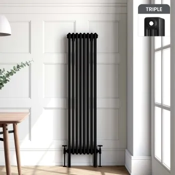 Athens Matt Black Triple Column Vertical Traditional Radiator 1500x380mm