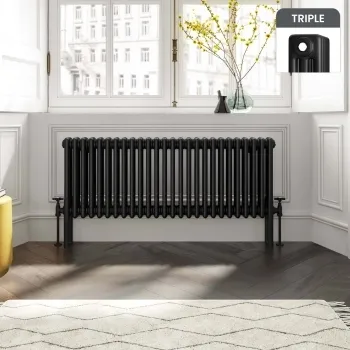 Athens Matt Black Triple Column Horizontal Traditional Radiator 450x1190mm