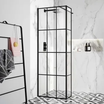 Munich Matt Black Grid 8mm Wet Room Shower Glass 700mm & 250mm Return Panel