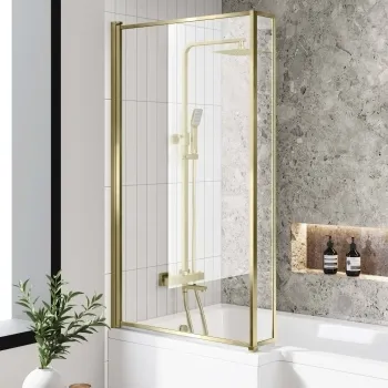 Zurich Easy Clean Brushed Brass L Shaped Bath Screen - 800mm