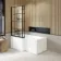 L Shaped 1600 Shower Bath with Front Panel & 6mm Easy Clean Matt Black Grid Bath Screen - Left Handed