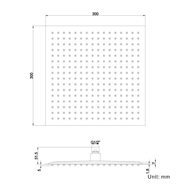 300mm Chrome Square Stainless Steel Slim Shower Head