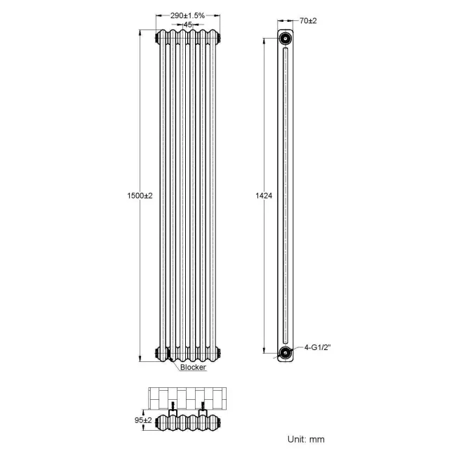 Athens White Double Column Vertical Traditional Radiator 1500x290mm