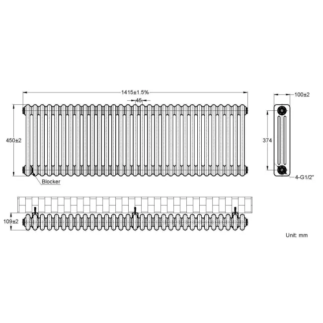Athens Anthracite Triple Column Horizontal Traditional Radiator 450x1415mm
