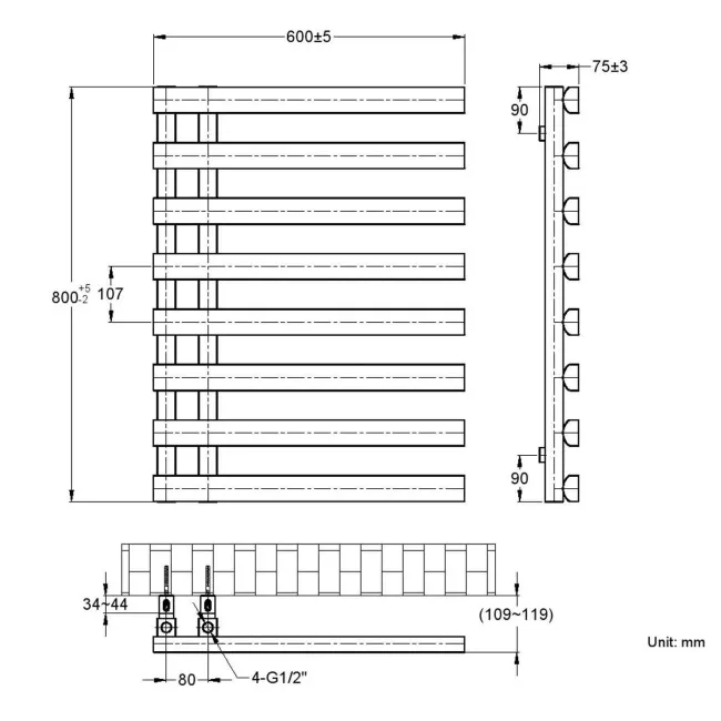 Palermo Matt Black Designer Heated Towel Rail 800x600mm