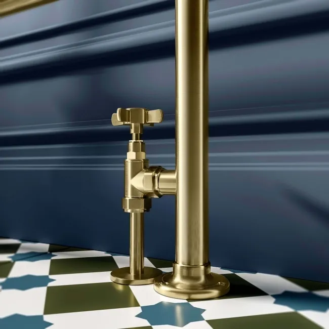 Gibraltar Floor Standing Traditional Brushed Brass Heated Towel Rail 915x535mm