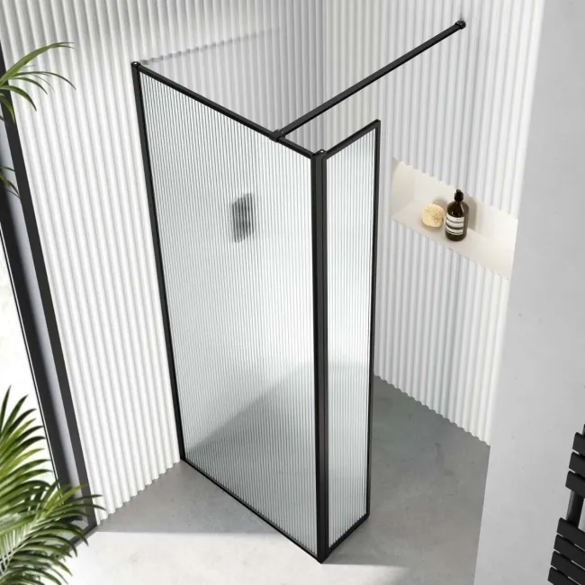 Munich Fluted Effect Matt Black Framed Easy Clean 8mm Pivotal Wet Room Shower Glass Return Panel 250mm