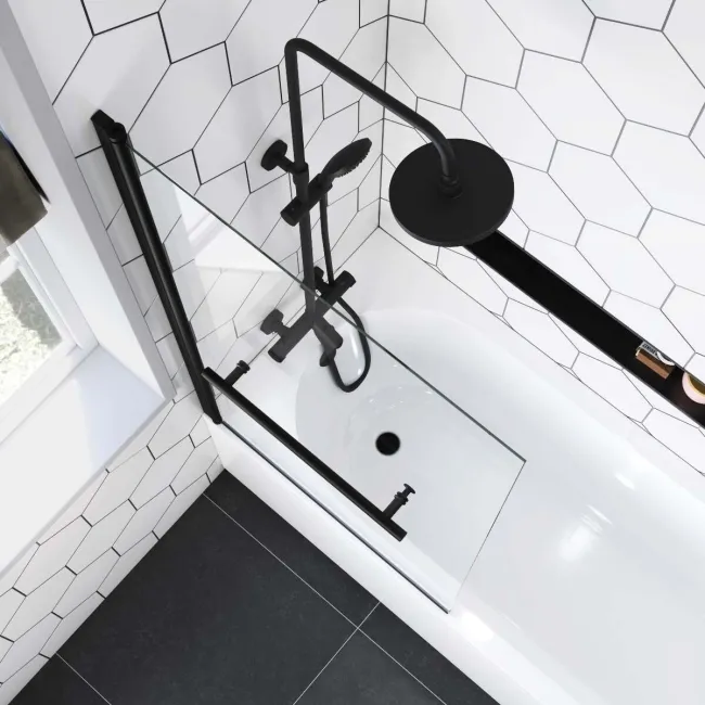 Venice 4mm Matt Black Bath Screen with Towel Rail - 800mm