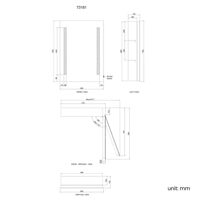 Emielia Battery Operated Illuminated LED Mirror Cabinet 700x500mm