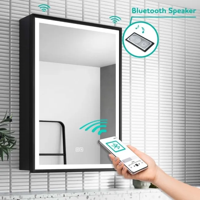 Mia Black Framed Illuminated LED Mirror Cabinet With BLUETOOTH Speaker 710x500mm