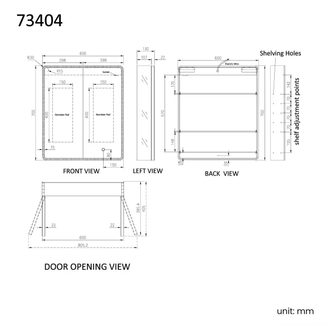 Aurora Matt Black Illuminated LED Mirror Cabinet 700x600mm