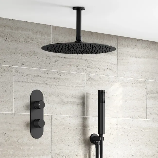 Ballina Premium Ceiling Matt Black Round Thermostatic Shower Set - 300mm Head & Hand Shower