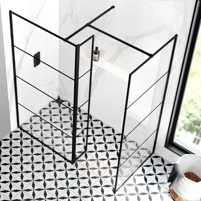 Munich Matt Black Grid 8mm Walk In Shower Enclosure 1000mm & 900mm Glass with Pivotal Return Panel