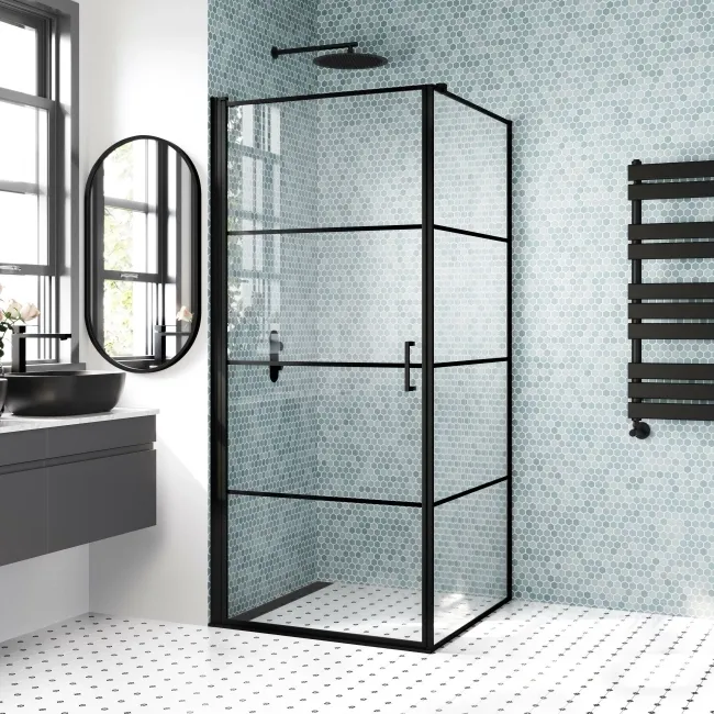 Toulon Matt Black Grid Easy Clean 6mm Pivot Shower Enclosure 900x900mm