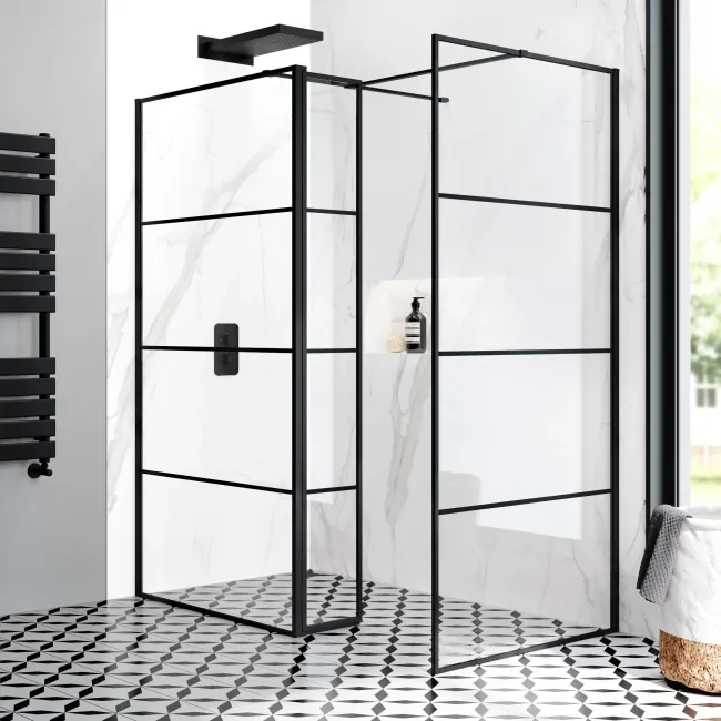 Munich Matt Black Grid 8mm Walk In Shower Enclosure 1100mm & 900mm Glass with Pivotal Return Panel