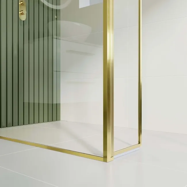 Munich Brushed Brass Framed 8mm Wet Room Shower Glass 900mm & 250mm Pivotal Return Panel