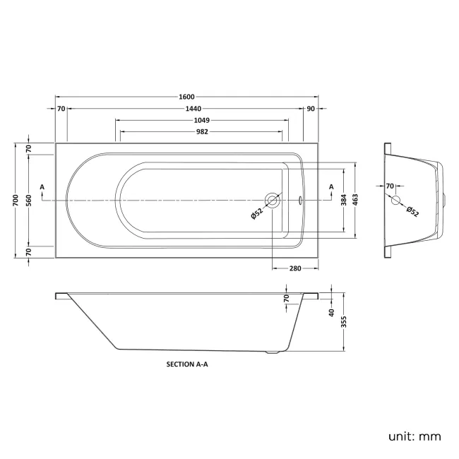 Stafford 1600x700 Shower Bath & 4mm Screen with Rail