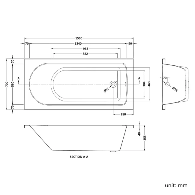 Stafford 1500x700 Round Shower Bath & 6mm Easy Clean Screen with Rail