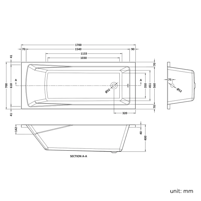 Hereford 1700x700 Square Shower Bath & 6mm Easy Clean Screen with Rail